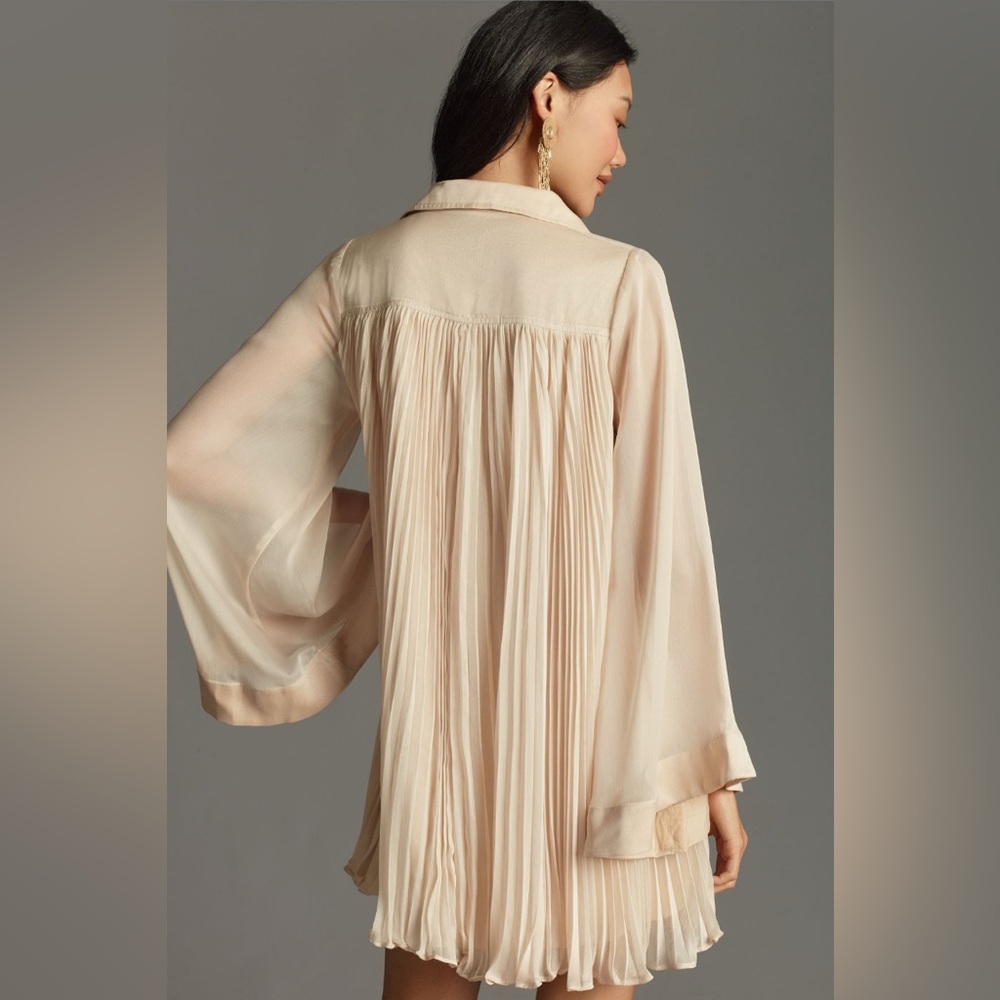 NWT Anthropologie Cream Pleated Stylish Shirt Like Mini Dress Women’s LP - Picture 2 of 16